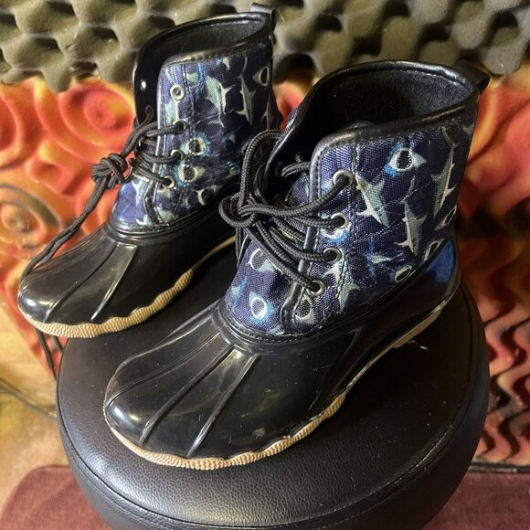 EpicStep Big Kids Rubber Blue Duck Boots Shark Design Shoestring Size 1 - Picture 1 of 5